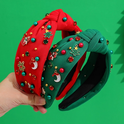 Christmas Wide Knot Headband For Women With Artificial Pearls Rhinestone Enamel Charms Festive Holiday Hairband Red Green Hair Accessories