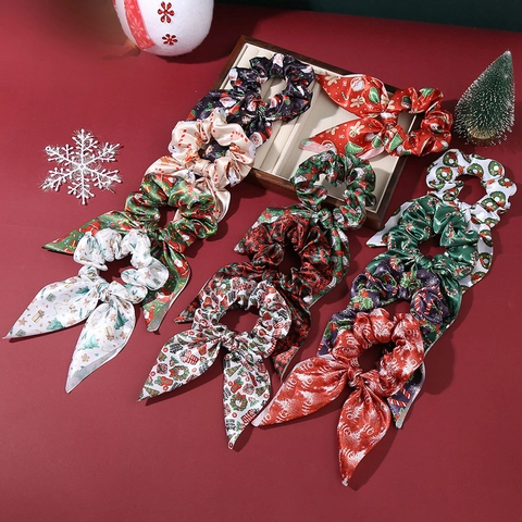 Coleteros con Lazo de Navidad en Satén con Estampado de Papá Noel y Hombre de Jengibre Soporte para Coleta para Mujeres Niñas Accesorios para el Cabello de Vacaciones
