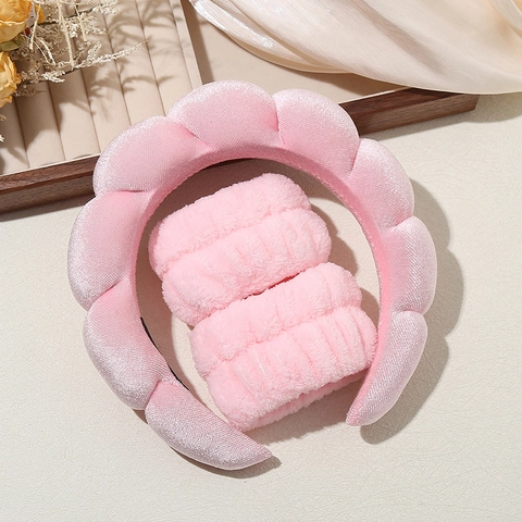 Pink Sponge Cloud Headband And Face Wash Wristbands Soft Velvet Puffy Hairband For Women SPA Skincare Hair Accessories