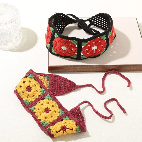 Bandeau Vintage en Tricot à Fleurs au Crochet Mode Ajouré Style Bohémien à Nouer Accessoires Cheveux pour Femmes
