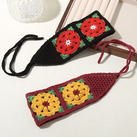 Bandeau Vintage en Tricot à Fleurs au Crochet Mode Ajouré Style Bohémien à Nouer Accessoires Cheveux pour Femmes