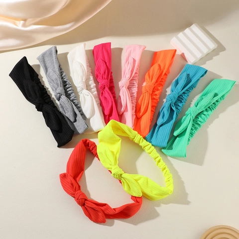 Soft Ribbed Knit Elastic Headband With Bow Rabbit Ears Solid Color Stretch Hair Band For Women Kids Daily Washing Face
