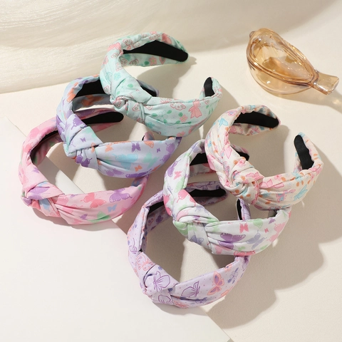 Damen Mode Breites Geknotetes Stirnband Schmetterling Blumen Druck Stoff Haarband Süßes Top Knot Kopfschmuck Alltag Haarschmuck