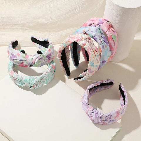 Damen Mode Breites Geknotetes Stirnband Schmetterling Blumen Druck Stoff Haarband Süßes Top Knot Kopfschmuck Alltag Haarschmuck