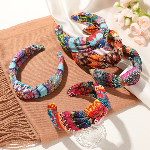 Bohemian Ethnic Style Embroidered Knotted Headband Wide Braided Geometric Pattern Hair Band Fashion Turban For Women