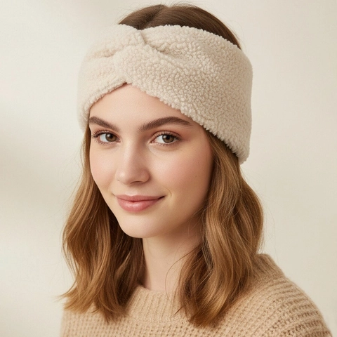 Diadema de Vellón de Cordero con Nudo Retorcido para Mujer Banda de Pelo de Peluche Teddy Ancha Color Sólido Cálida Invierno Elástica