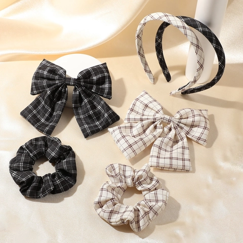 Vintage Plaid Bow Hair Clip Headband Scrunchie Forest Style Grid Hair Accessories For Women Sweet Butterfly Hairpin Set