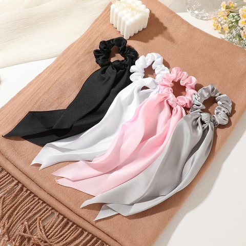 French Style Solid Color Satin Scrunchies With Long Streamer Bow Ribbon Hair Ties Elegant Ponytail Holder For Women Accessories