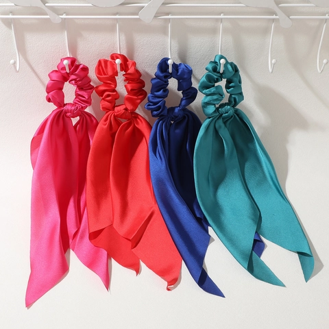 French Style Solid Color Satin Scrunchies With Long Streamer Bow Ribbon Hair Ties Elegant Ponytail Holder For Women Accessories