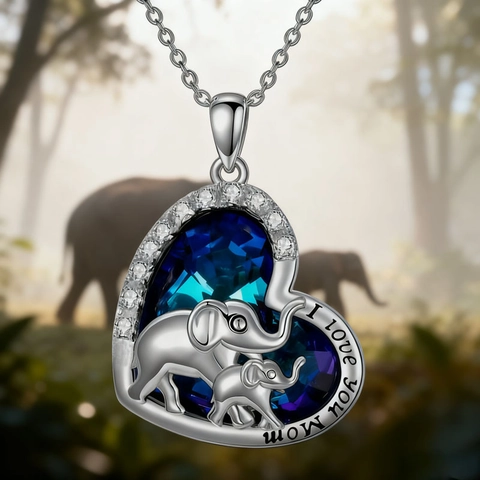 Collier Pendentif Cœur Éléphant Mère et Bébé Avec Cristal Cœur Bleu Strass Alliage Couleur Argent Bijoux Cadeau Pour Maman