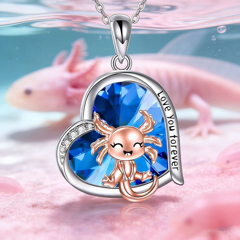 Collier Pendentif Cœur en Cristal Bleu Axolotl pour Femmes Alliage Or Rose Love You Forever Gravé Chaîne Argent Bijoux