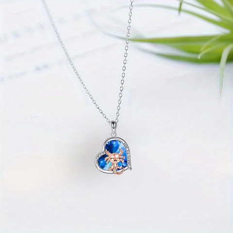 Collier Pendentif Cœur en Cristal Bleu Axolotl pour Femmes Alliage Or Rose Love You Forever Gravé Chaîne Argent Bijoux
