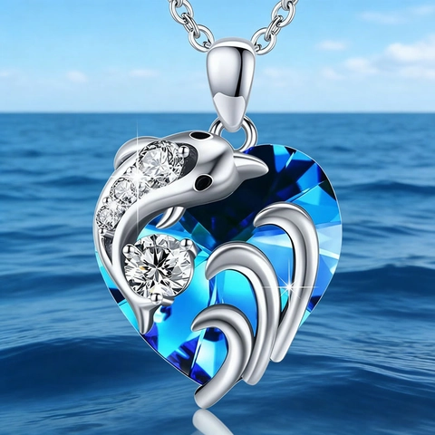 Ozean Herz Delfin Anhänger Halskette Legierung Blau Synthetischer Kristall Mit Zirkonia Für Damen Süß Elegant Schmuck Geschenk