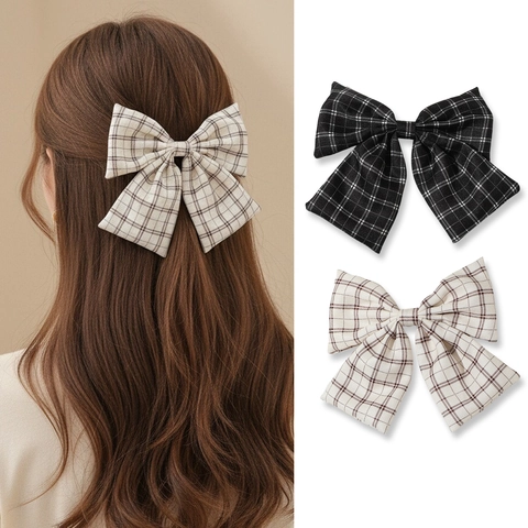 Vintage Plaid Bow Hair Clip Headband Scrunchie Forest Style Grid Hair Accessories For Women Sweet Butterfly Hairpin Set