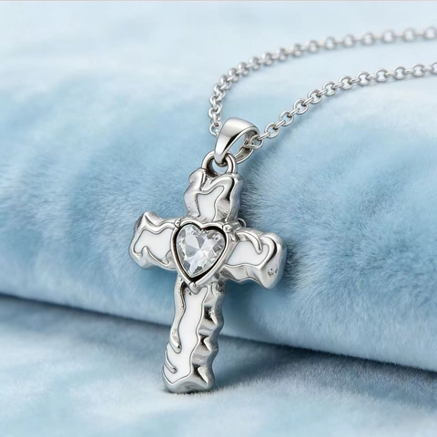 Gothic Lava Cross Heart Pendant Necklace Earrings For Women Men Rhinestone Alloy Enamel Jewelry Silver Color Religious Necklaces