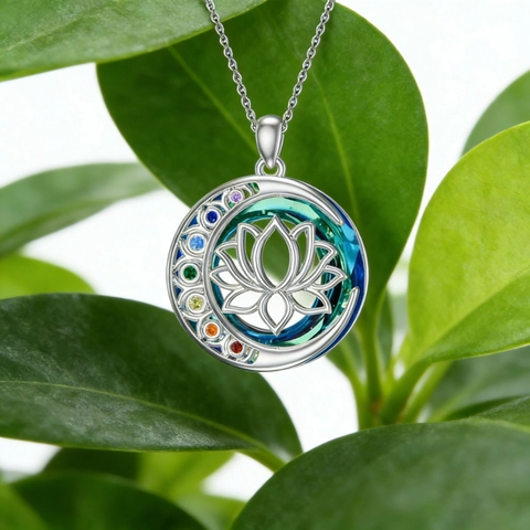Κολιέ Μενταγιόν Chakra Με Διάτρητο Λωτό Και Φεγγάρι Ασημί Κράμα Πολύχρωμα Ζιρκόνια Μπλε Διαβάθμιση Κοσμήματα Γυναικεία