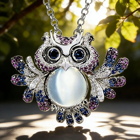 Fashion Alloy Owl Pendant Necklace For Women Colorful Rhinestone Moonstone Look Clavicle Cross Chain Jewelry Accessory Gift