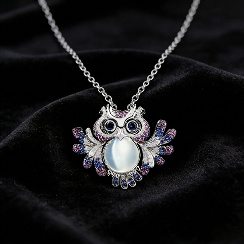 Fashion Alloy Owl Pendant Necklace For Women Colorful Rhinestone Moonstone Look Clavicle Cross Chain Jewelry Accessory Gift