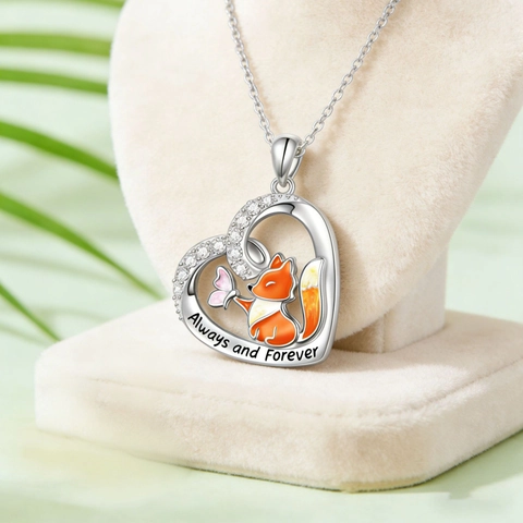Cute Heart Shaped Fox Pendant Necklace And Earrings Jewelry Set Silver Plated Alloy Rhinestone Enamel Butterfly Always And Forever Engraved For Women Party Gift