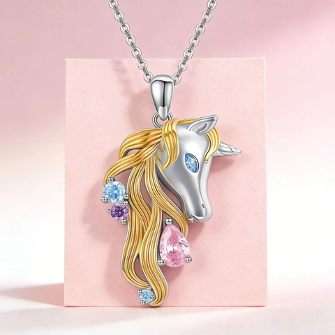 Dreamy Alloy Unicorn Jewelry Set Colorful Rhinestone Inlaid Gold Mane Silver Tone Necklace Hook Earrings For Women Girls Gift