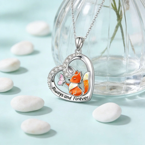 Cute Heart Shaped Fox Pendant Necklace And Earrings Jewelry Set Silver Plated Alloy Rhinestone Enamel Butterfly Always And Forever Engraved For Women Party Gift