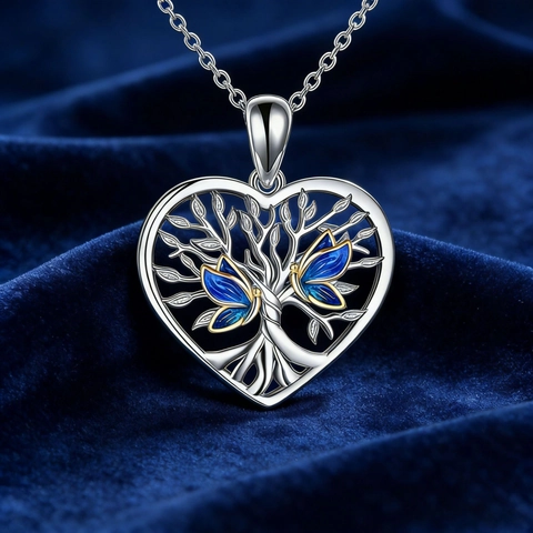 Herz Lebensbaum Blau Schmetterling Anhänger Halskette Und Ohrringe Legierung Emaille Silber Ton Schmuck Für Damen Mädchen Geschenk