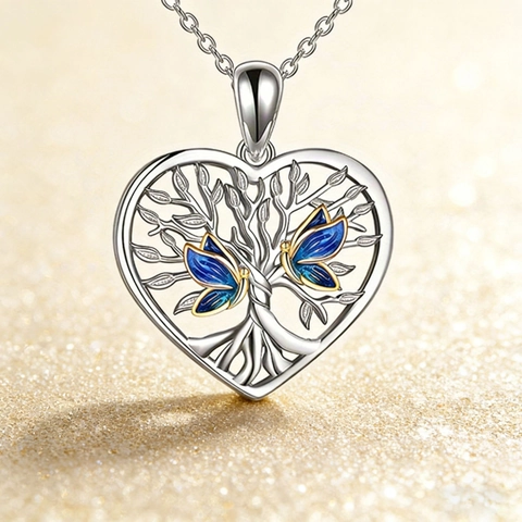 Herz Lebensbaum Blau Schmetterling Anhänger Halskette Und Ohrringe Legierung Emaille Silber Ton Schmuck Für Damen Mädchen Geschenk