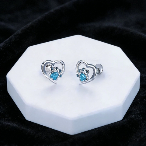 Fashion Alloy Hollow Heart Dog Paw Print Stud Earrings With Stainless Steel Earring Post Zirconia Animal Footprint Jewelry For Women