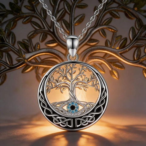 Vintage Silver Color Tree Of Life Evil Eye Pendant Necklace Earrings Jewelry Set Alloy Enamel Celtic Knot Jewelry For Women