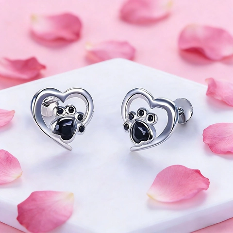 Fashion Alloy Hollow Heart Dog Paw Print Stud Earrings With Stainless Steel Earring Post Zirconia Animal Footprint Jewelry For Women
