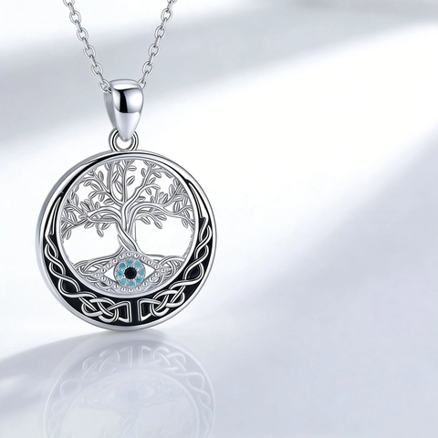 Vintage Silver Color Tree Of Life Evil Eye Pendant Necklace Earrings Jewelry Set Alloy Enamel Celtic Knot Jewelry For Women
