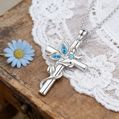 Silver Alloy Butterfly Cross Pendant Necklace And Earrings Jewelry Set With Blue Rhinestones For Women Party Birthday Gift