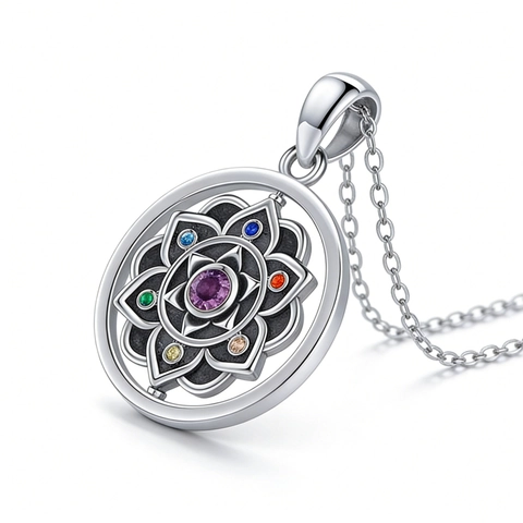 Vintage Alloy Lotus Mandala Pendant Necklace Earrings Jewelry Set Multicolor Rhinestone Enamel Chakra Jewelry For Women Party