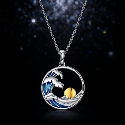 Collana con Pendente in Lega a Forma di Onda Sole Montagna in Smalto Stile Giapponese per Uomo Donna Set di Gioielli Tondi Cavi con Orecchini