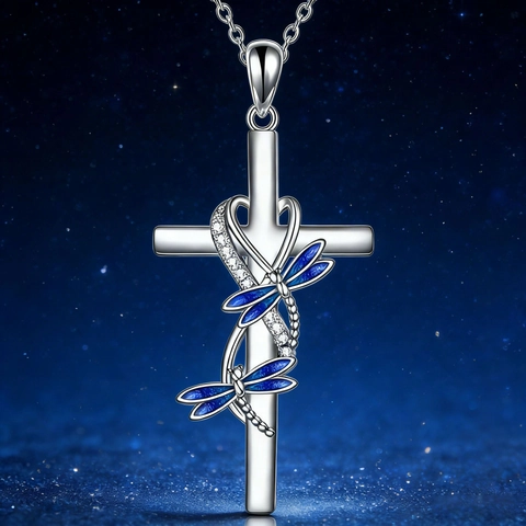 Elegante Collar Con Colgante de Cruz de Libélula Azul de Aleación Esmaltada Y Pendientes Joyería para Mujer Estilo Pastoral