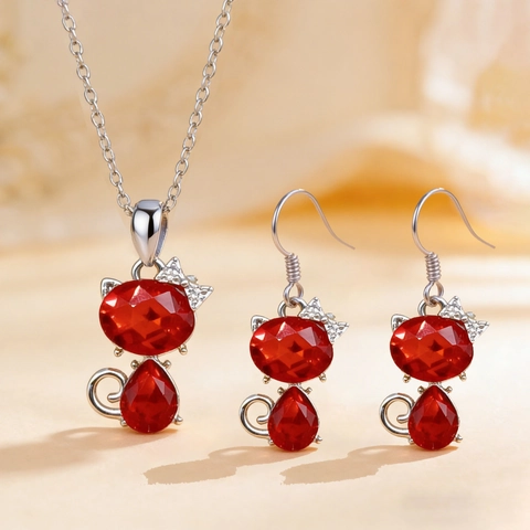 Cute Cat Heart Crystal Pendant Necklace Earrings Jewelry Set Alloy Animal Clavicle Chain For Women Girls Daily Gift