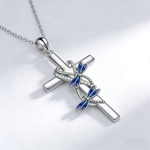 Elegante Collar Con Colgante de Cruz de Libélula Azul de Aleación Esmaltada Y Pendientes Joyería para Mujer Estilo Pastoral