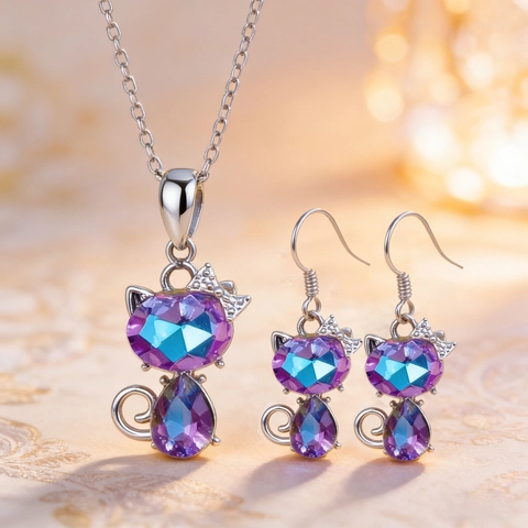 Cute Cat Heart Crystal Pendant Necklace Earrings Jewelry Set Alloy Animal Clavicle Chain For Women Girls Daily Gift
