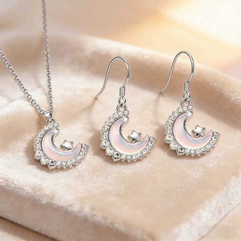 Moon Star Jewelry Set Alloy Gradient Iridescent Acrylic Rhinestone Necklace And Earrings Romantic Dreamy Style For Women Gift