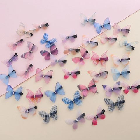 Pinza De Pelo De Mariposa De Gasa De Doble Capa 3D Con Decoración De Cristal Artificial Linda Mariposa De Gasa Para Niñas