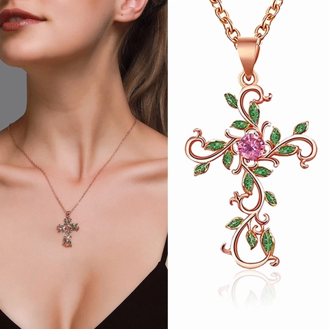 Vintage Alloy Enamel Vine Cross Pendant Necklace Pink Zirconia Rose Gold Silver Gold Floral Leaf Jewelry For Women