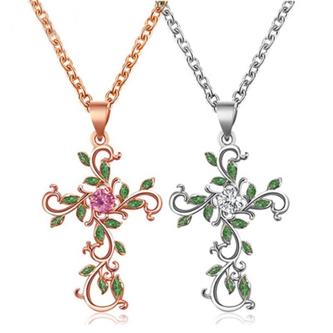 Vintage Alloy Enamel Vine Cross Pendant Necklace Pink Zirconia Rose Gold Silver Gold Floral Leaf Jewelry For Women