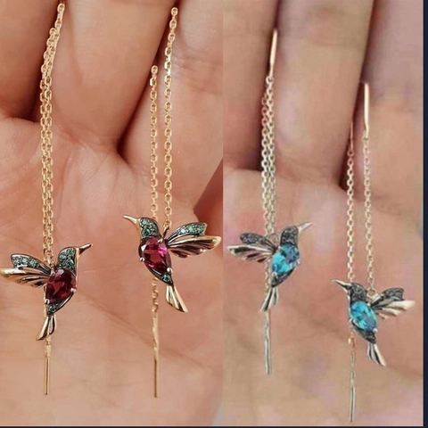 Orecchini a Filo Colibrì in Lega con Zirconia Cubica Catena Lunga Nappa Orecchini Donna Moda Animale Gioielli