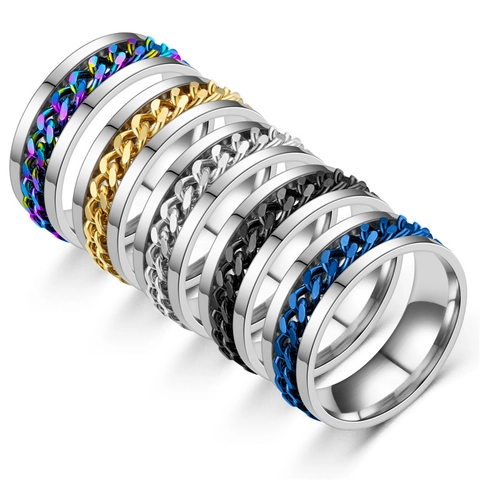 Bague Spinner Homme Acier Inoxydable 316 Chaîne Cubaine Incrustée Anneau Rotatif Style Punk Industriel Bijou Anti-stress