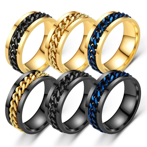 Fashion 8mm Stainless Steel Spinner Ring For Men Women Hip Hop Punk Rotating Cuban Chain Stress Relief Anxiety Jewelry