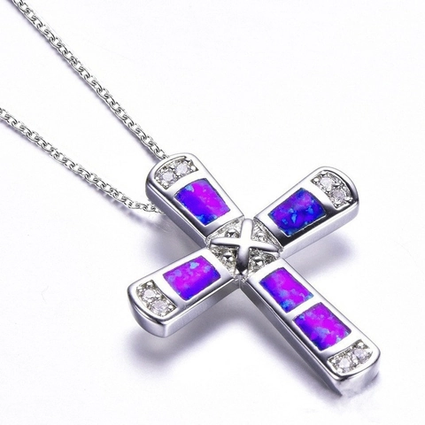 Collar con Colgante de Cruz para Mujer de Aleación con Ópalo Artificial y Zirconia Joyería Religiosa Regalo Cadena Plateada