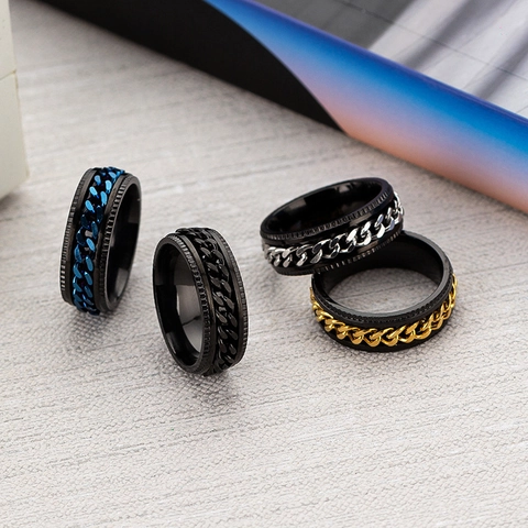 Fashion Rotatable Chain Ring Stainless Steel Stress Relief Spinning Finger Ring Punk Industrial Style Jewelry Gift For Men