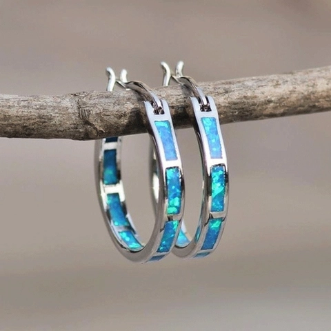 Fashion Alloy Round Hoop Earrings With Synthetic Opal Colorful Inlay Zirconia Stainless Steel Earring Post For Women Jewelry