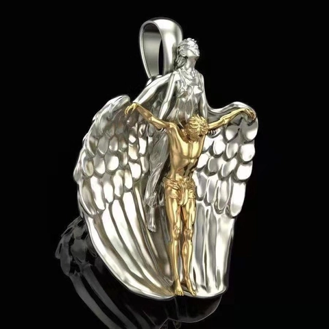 Collana con Pendente a Croce di Angelo della Santa Redenzione Gioielli Religiosi Classici con Ali di Guardiano Gesù Crocifisso Lega per Uomo Donna