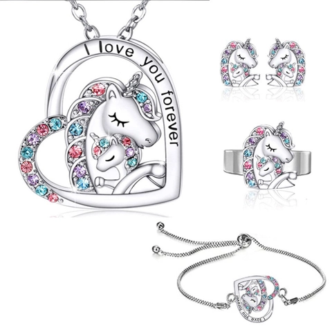 Fashion Alloy Colorful Rhinestone Mother Child Unicorn Heart Pendant Necklace For Women Girls Mother's Day Jewelry Gift